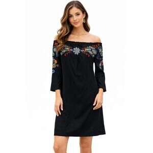 Johnny Was Luxury Floral Embroidered Off Shoulder Dress Black Boho S/M